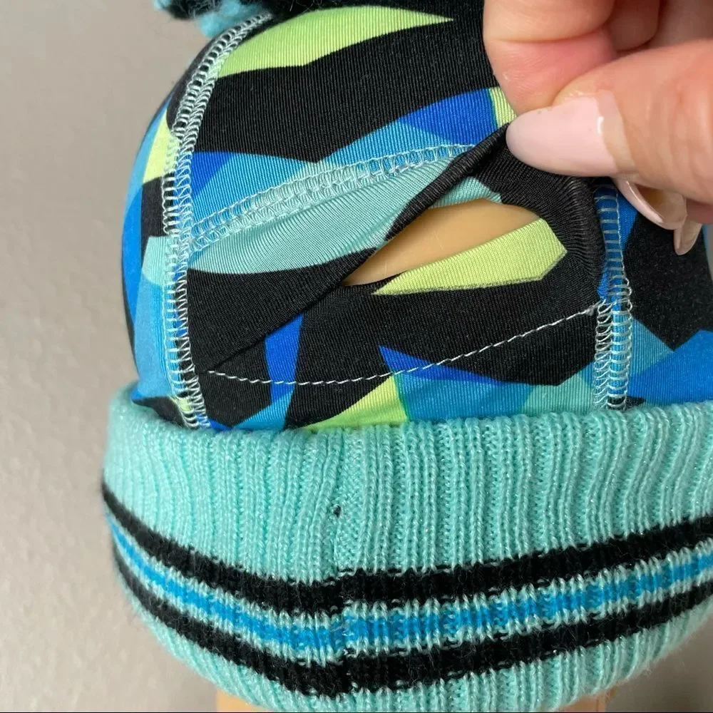 Justice Aqua Blue Teal Knit Beanie Cap With Ponytail Hole